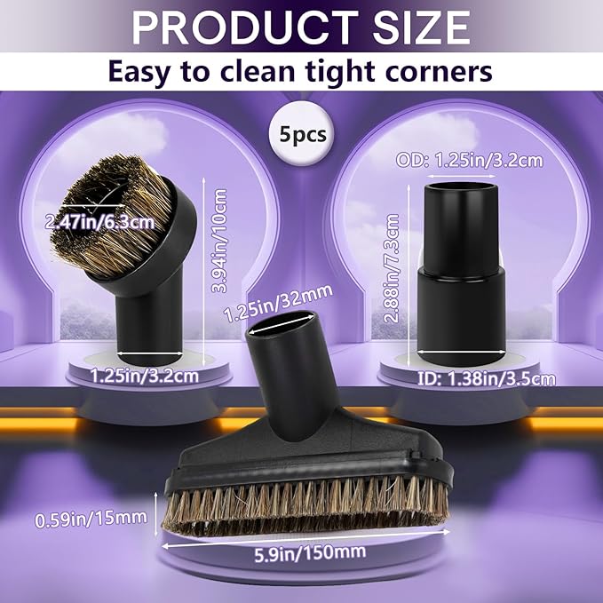 5PCS Horse Hair Brush Vacuum Attachment Set - Black Round Vacuum Attachments & Brushes - 5.9 In Long Floor Brush & Shop Vac Brush Attachment - 1 1/4" Vacuum Cleaner Adapter Included