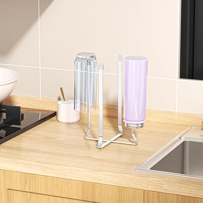 Water Bottle Drying Rack, Baby Bottle Dryer Rack, Stainless Steel Bottles Drying Rack, Collapsible Cup Rack Dryer, Kitchen Cup Storage for Travel Bottles, Reusable Bags (Silver)