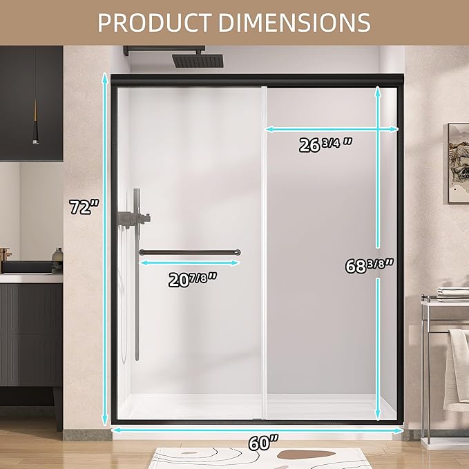 GETPRO Shower Door 56-60 in. W x 72 in. H Semi-Frameless Double Sliding Shower Doors, Bypass Glass Door for Walk-in Shower with 5/16 inch Tempered Glass Matte Black