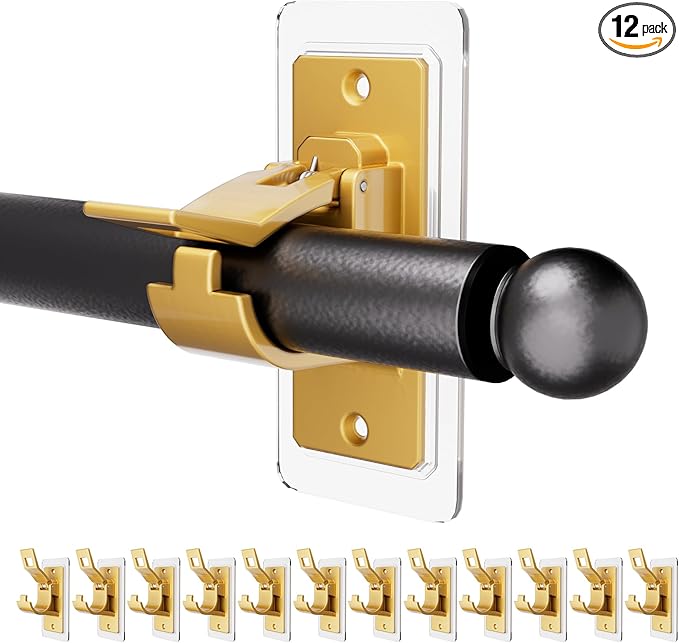 Antimbee 12PCS Self Adhesive Curtain Rod Bracket, No Drilling Curtain Rod Holders, 20lbs Load Capacity Golden Hangers for Dorm, Bathroom, Bedroom, Livingroom Decor