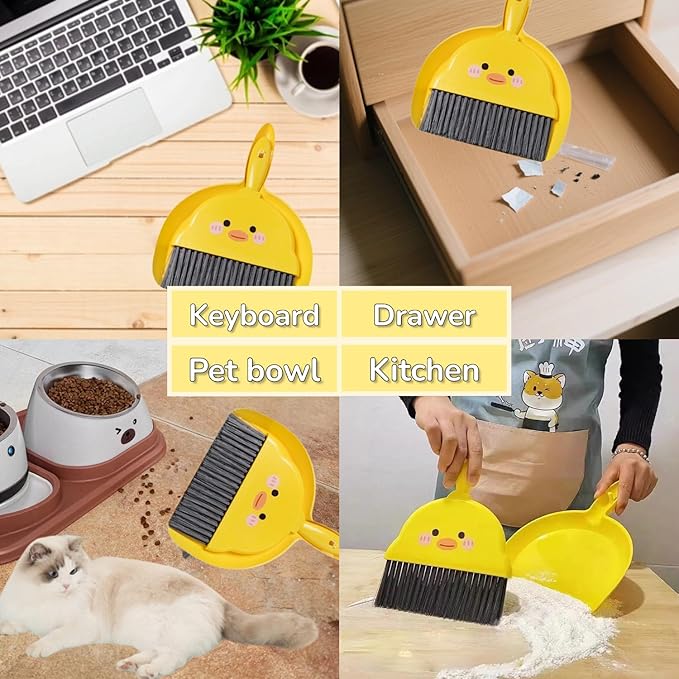 2 PCS Mini Brush and Dustpan Set Plastic Small Yellow Chick Pattern Broom Used for Desk Home Kitchen, Cage Cleaner for Small Animals, Guinea Pigs Hamsters Chinchillas Rabbits (Yellow Chick - 2pcs)