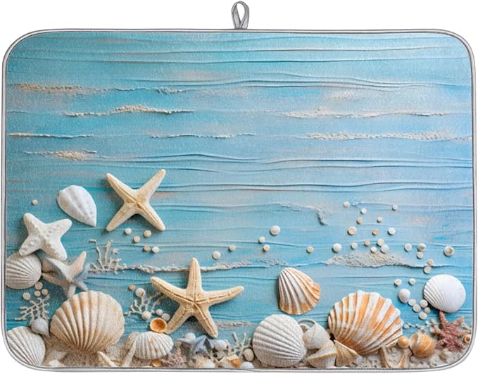 Dish Drying Mat for Kitchen Absorbent Drying Mat Reversible Kitchen Drying Pad for Utensils Pots Water Cup Sea Star Shell