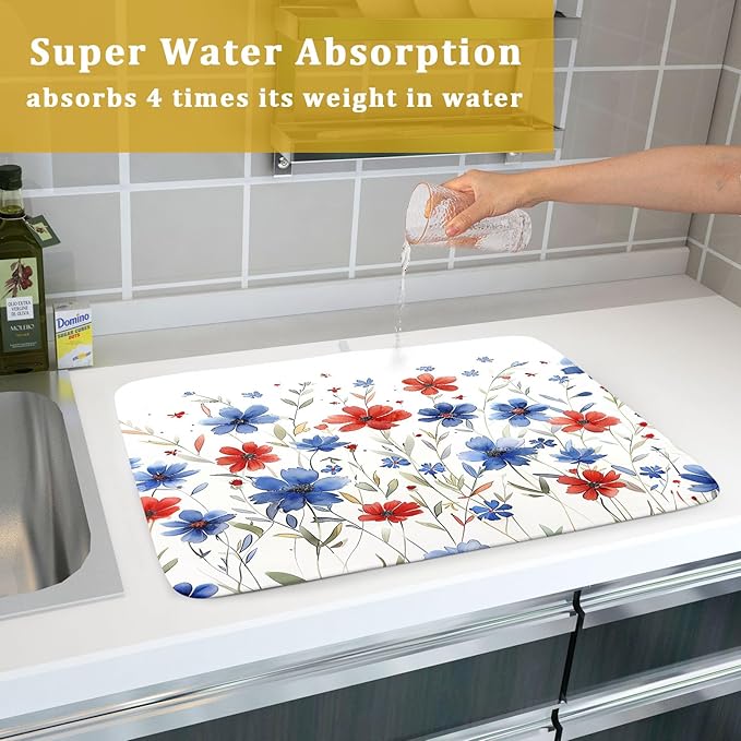 Khope 4th of July Dish Drying Mat for Kitchen Counter 18x24 Inch America Red Blue Floral Reusable Washable Memorial Day Flowers Drying Pad Countertop Home Decor