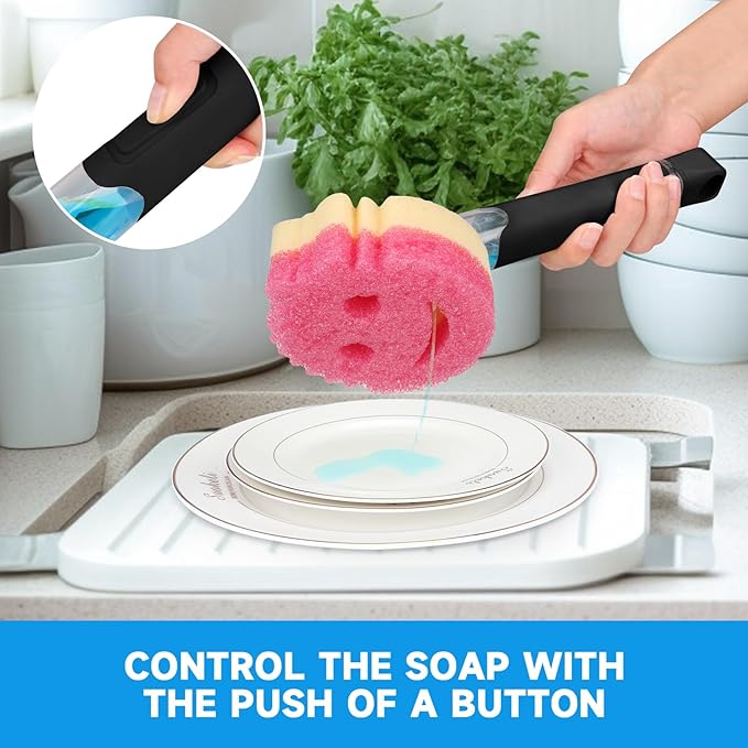 Smile Sponge Dish Wand Holder for Round Smiley Face Sponge Soap Dispensing Handle Upgraded Design, Black
