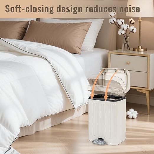 rejomiik Small Bathroom Trash Can with Lid 2.1 Gallon Soft Close Step Slim Garbage Can Waste Bin for Office, Bedroom, Kitchen, Cream