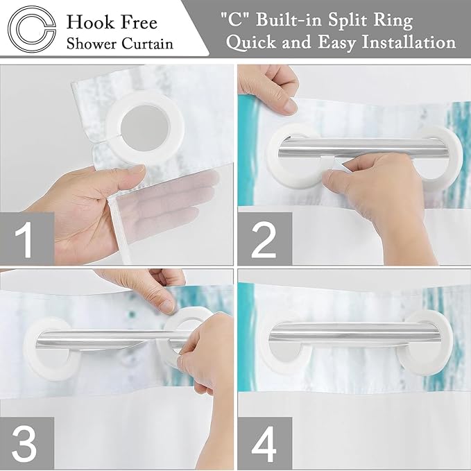 No Hook Shower Curtain with Snap in Liner, Hotel Style Teal Blue White Gold Brush Strokes Art Modern Shower Curtain Waterpoof Washable with See Through Top Window,71"x71"