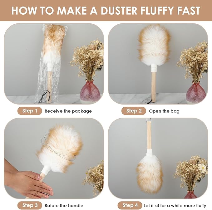 Lambswool Duster Solid Wooden Handle Lamb Wool Duster Feather Dusters for Cleaning Ceiling Fan Window Blinds Furniture Figurines Car, 13 in
