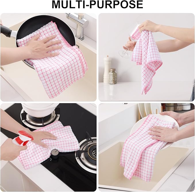 Kitinjoy Cotton 12 Pack Terry Kitchen Towels, 16 x 25 Inches Super Soft and Absorbent Dish Towels, Quick Drying Hand Towels for Kitchen Drying, Pink