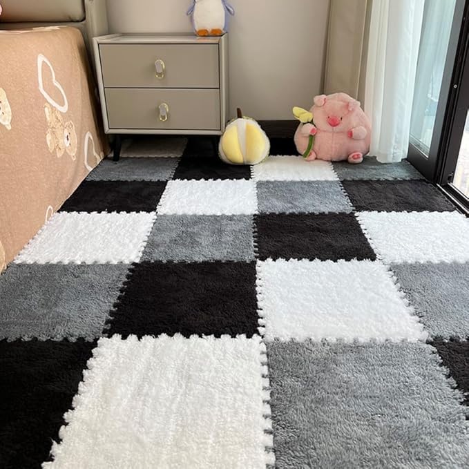 12Pcs Interlocking Carpet Tiles,12"x 12" Plush Interlocking Foam Carpet Tile with Border,Fluffy Play Mat Floor Tiles Thick Padded Squares Foam Tile for Playroom Decor (White+Grey+Black)