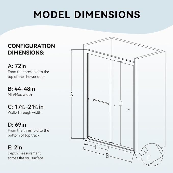 44-48" W x 72" H Bathroom Double Sliding Shower Door, Semi-Frameless Shower Glass Doors with 1/4" (6mm) Clear SGCC Tempered Glass and Stainless Steel Handles, Easy to Install, Matte Black