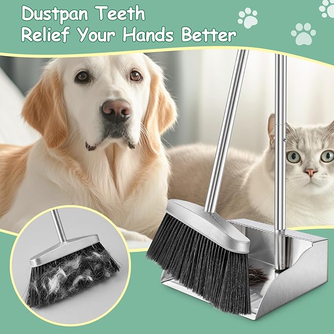 Dust Pans with Long Handle,Heavy Duty Metal Dust Pan with Handle,Upright Stand Up Dustpan with Dust Pan Teeth to Clean Hair for Home Kitchen Office Lobby Floor Garden