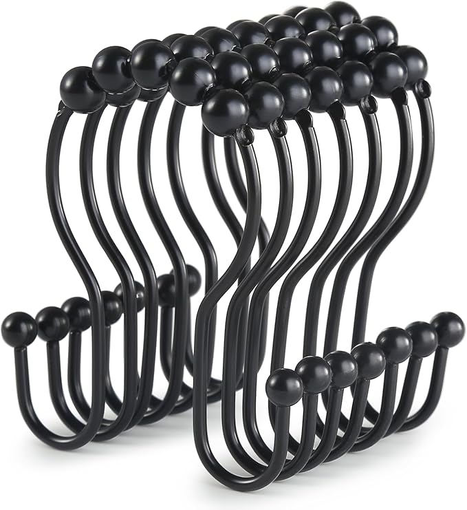 Goowin Shower Curtain Hooks, 12 Pcs Shower Curtain Rings, Stainless Steel Black Shower Curtain Hooks, Shower Curtain Rings Rust Proof, Smooth Sliding Anti-Drop Double Shower Rings for Curtain (Black)