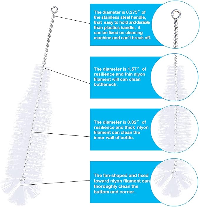 Bottle Brush - Ideal for Cleaning Narrow Neck Swing Top Glass, Brewing, Wine, Beer, Soda, Spray, Kombucha Bottles (White+2PCS)