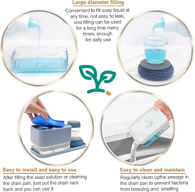 Dish Soap Dispenser with Sponge Holder -Dishwashing Soap Pump Dispenser for Kitchen Sink, 4-in-1 Countertop Soap Pump Dispenser wiht Brush Head, Silicone Sink Tray, Cleaning Sponges