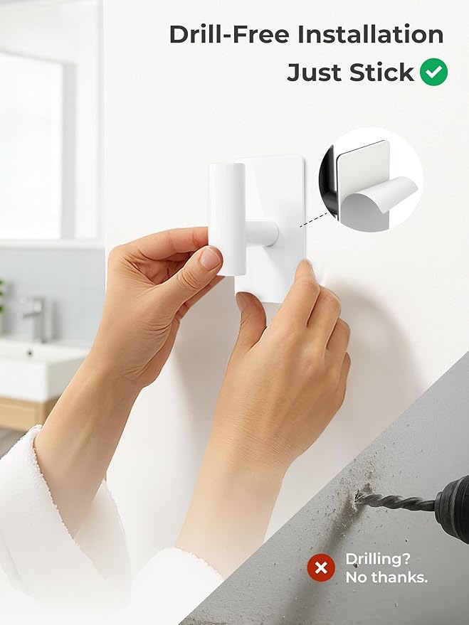 Towel Hooks for Bathrooms – 2 Pack, Smooth White Finish, T-Shaped Stainless Steel Adhesive Wall Hooks for Robes & Towels in Kitchen, Shower, or Closet
