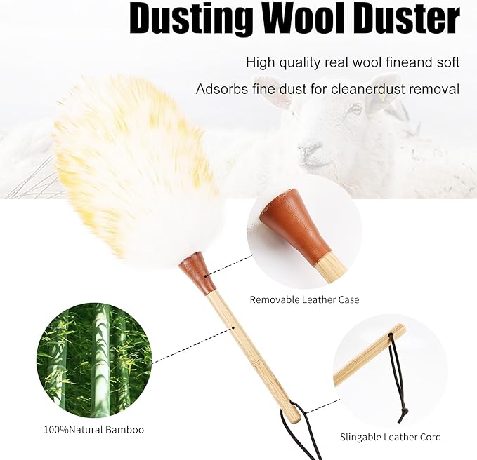 Wool Duster 16inch Soft Natural Feather Dusters with Bamboo Handle Cleaning Supplies for Home Office Phoframe