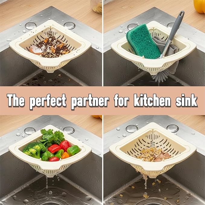 Magnetic Drainage & Filter Basket, Triangular Sink Strainer with Twist-Open Bottom, Kitchen Sink Corner Rack for Draining & Storage, Punch-Free Installation, No Tools Needed (Milky White)