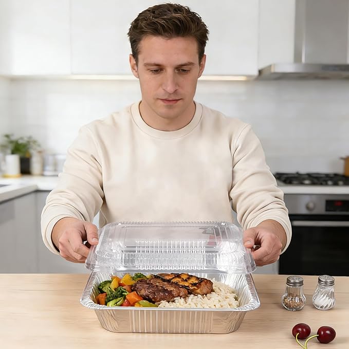 9x13 Inch Disposable Aluminum Pans with Clear Lids(10 Pack)Half Size Tin Foil Pans with Lids,Food Containers Disposable Baking Pans For Cooking, Meal Prep, Roasting, Chafing, Steam Table, Storage