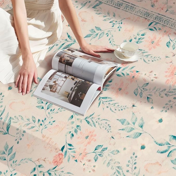 Floral Entryway Rug, 3x5 Washable Area Rug,Pink Boho Throw Rugs for Bedroom, Non Slip Low Pile Small Carpet, Girls Kids Room and Nursery Room