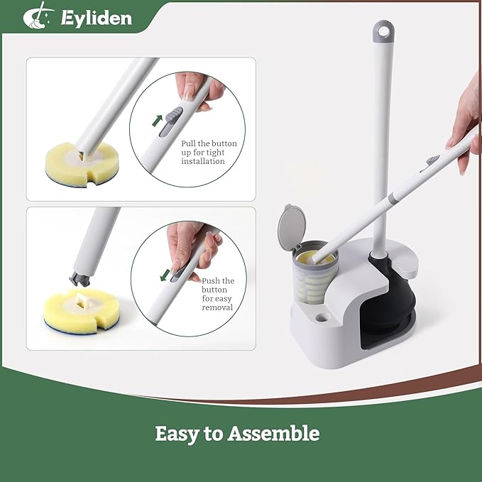 Eyliden Disposable Toilet Brush and Plunger Combo | 2-in-1 Toilet Bowl Wand Kit - 10 Count Pre-Soaked Refill Heads, 3-Step Plunger, Storage Holder - Compact Toilet Cleaning System (White)
