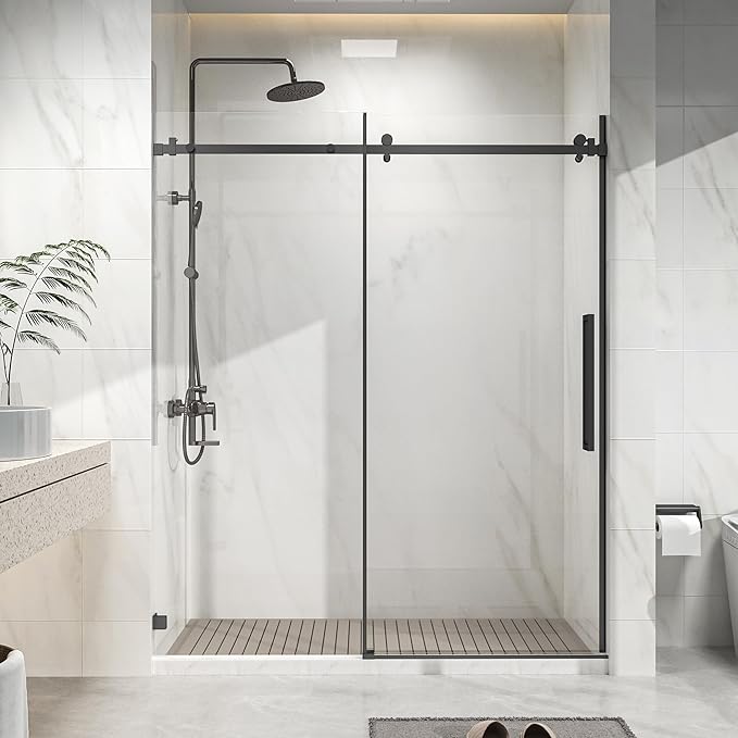 Frameless Shower Door 60" W x 72" H, 1/4" Clear Tempered Glass, Sliding Design, Reversible Installation, Matte Black Finish, Space-Saving Glass Shower Door for Small Bathrooms