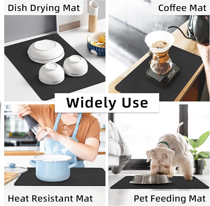 LOPNUR Kitchen Dish Drying Mat, 24"x16" Large Dish Drying Mats for Kitchen Counter, Super Absorbent Dish Drying Pad, Diatomite Coffee Mat Heat Resistant Mat with Anti-slip Rubber Backed, Black