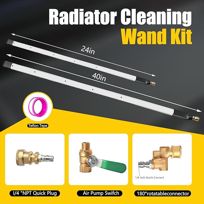 40" & 24" Radiator Cleaning Wand 2-Piece Set - 4500 PSI Stainless Steel Dual Water/Air Radiator Cleaner with Quick Connect Adapter & Nozzle Tips for Cars, Trucks, RVs, Heavy Equipment