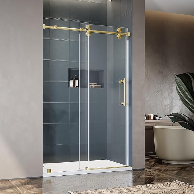 46-49 Inch x 80 Inch Sliding Frameless Shower Door, 3/8" Tempered Glass with Easy-Cleaning Coating, Stainless Steel Rollers & SGCC-Certified Stability, Satin Brass