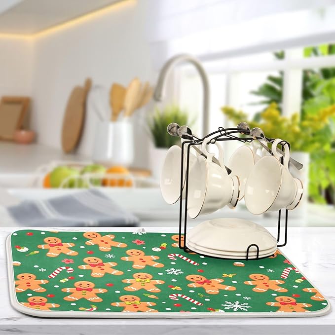 Christmas Gingerbread Man Dish Drying Mat for Kitchen Countertop 16x18 Winter Snowflake Candy Cane Green Small Drying Mat Reusable Quick Dry Dish Sink Mats Easy Clean Decorative Essentials