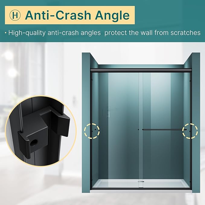 ELEGANT Semi-Frameless Sliding Shower Door 60 in. W x 72 in. H, Bathroom Sliding Door with 1/4'' Clear Glass, Black Hardware Double Sliding Glass Shower Enclosure