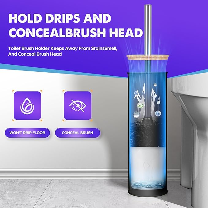 Compact Toilet Brush and Holder 2 Pack,SetStainless Steel Handle Toilet Brush,Deep Cleaning,Durable Nylon bristles,Splash-Proof Design(White&Black)