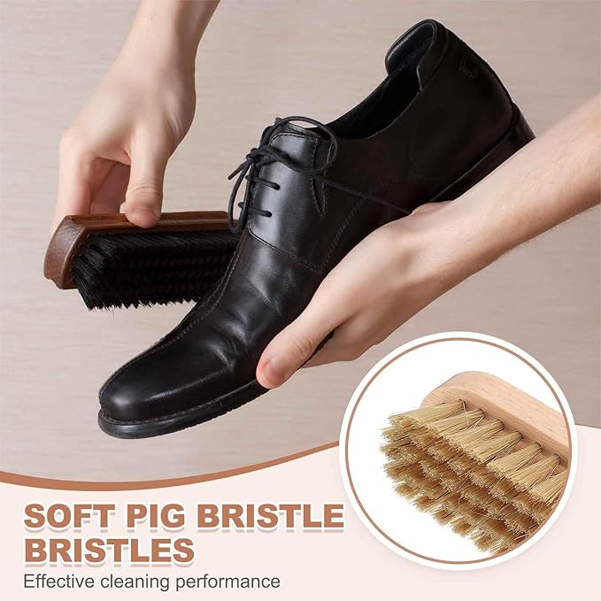 HARFINGTON Shoe Cleaning Brush 5"x2" Beech Wood Pig Bristle Boot Polish Brushes for Leather Shoes Boots Cloth Cleaner, Brown Wood