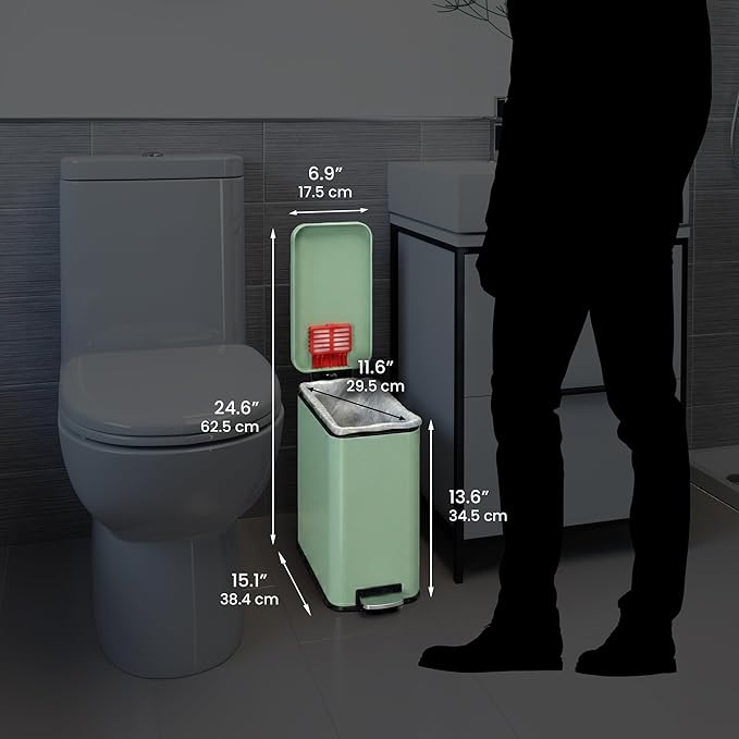 iTouchless 3 Gallon Slim Bathroom Trash Can with Lid & Odor Filter, Soft-Step Steel Pedal Bin for Narrow Spaces, Wastebasket for Kids Room, Cottagecore, & Nature Inspired Decor – Pastel Green