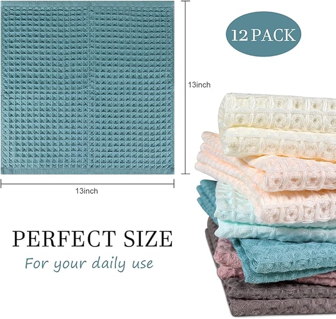 12 Pcs 13" x 13" Waffle Weave Kitchen Dish Cloths Set, 100% Cotton Super Absorbent Dish Towels for Washing Dishes & Drying, Multi Color