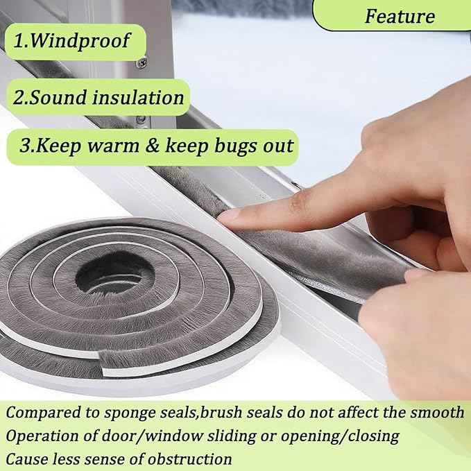 Strong Adhesive Brush Weather Stripping,0.9in Thick x 0.4in(W) x 66FT,Grey for Sliding Windows/Doors - Car Door Seal for Soundproofing,Dustproof,Winter Windproof & Warm,Waterproof,DIY Install