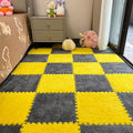 12Pcs Interlocking Carpet Tiles,12"x 12" Plush Interlocking Foam Carpet Tiles with Border,Fluffy Play Mat Floor Tiles Thick Padded Squares Foam Tiles for Playroom Decor (Grey+Yellow)
