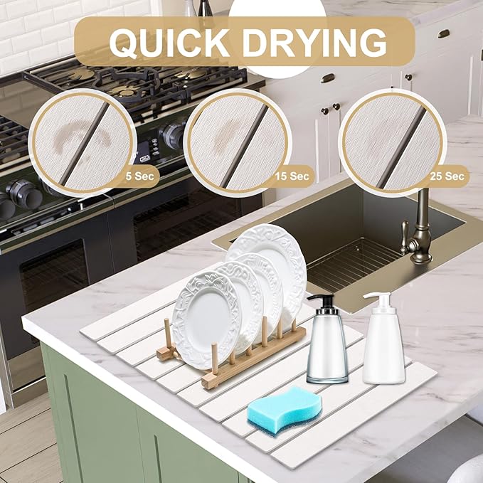 Stone Dish Drying Mat for Kitchen Counter, 23x15.3 Inch Large Fast-Absorbing Diatomaceous Earth Drying Pad, Quick Dry Foldable Stone Dish Mats for Countertop Dishes, Bottles, Cups and Utensils