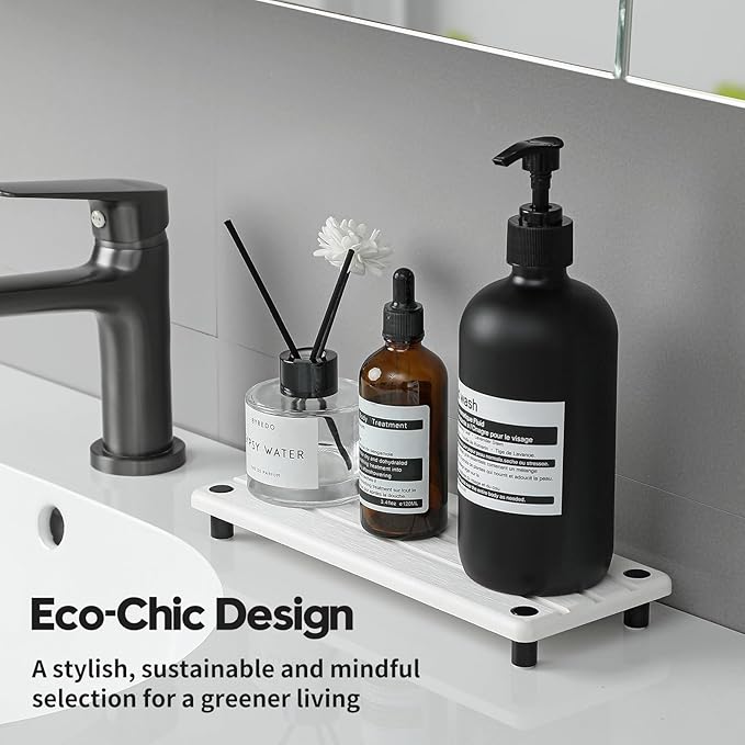 Instant Dry Sink Caddy Kitchen Sink Organizer, Quick Drying Diatomaceous Earth Stone Sink Tray Sponge Holder Soap Dish, Bathroom Countertop Vanity Dispenser Toothbrush Bottle, White, 10" x 4"