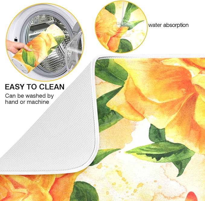 Tarity Watercolor Yellow Rose Dish Drying Mat for Kitchen Counter Absorbent Heat Resistant Microfiber Dishes Drainer Mat 18x24 in Large Dish Pad Sink Mat Protective Pad Kitchen Decor
