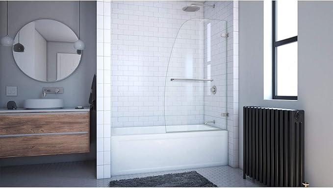 DreamLine Aqua Uno 34 in. W x 58 in. H Frameless Hinged Tub Door in Brushed Nickel, SHDR-3534586-04