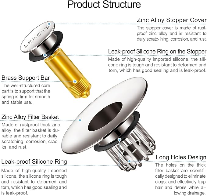 LEKEYE Bathroom Sink Stopper | Shower Drain Hair Catcher | Pop-up Sink Drain Stopper with Strainer | Bathroom Sink Plug for 1-1/8 to 1-1/2" Sink Drain Hole- Brushed Nickel