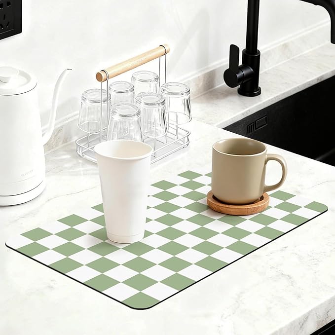 12" x 20" Checkered Dish Drying Mat for Kitchen Counter, Absorbent Coffee Bar Mat for Espresso Machine Coffee Countertops Accessories (Green)