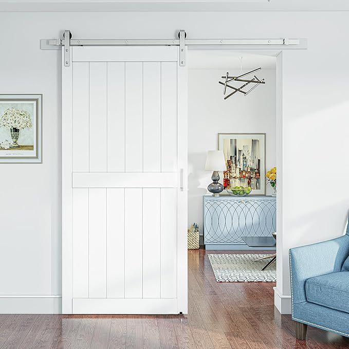 SmartStandard 42 x 96 inch White Sliding MDF Barn Door with 7FT Brushed Nickel Sliding Door Hardware Kit & Handle, Pre-Drilled Ready to Assemble, Waterproof PVC Coating, H-Frame