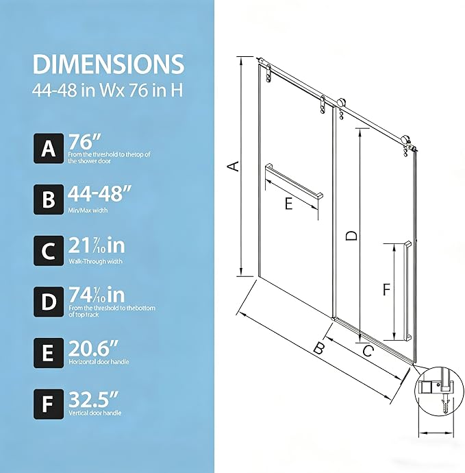 Frameless Shower Door, 44-48" W x 76" H 5/16" 8mm Glass Sliding Shower Doors with Explosion-Proof Film, Shower Doors for Walk in Shower with Clear Tempered Glass Stainless Steel Hardware, Matte Black