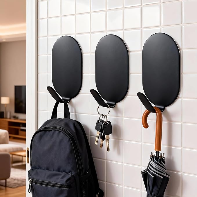 Sticky Adhesive Hooks for Hanging, Key Hooks, Stainless Steel Wall Hooks, Command Hooks, Coat Hooks, Door Hooks, Towel Hanger, Metal Hook, Utility Hooks,Picture Hanger, Storage Hooks, 10Pcs (Black)