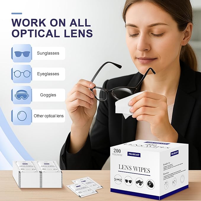200 Count Lens Wipes for Eyeglasses, Eyeglass Cleaner Wipes for Cameras, Sunglasses, Phone and Computer - Keep Your Lenses Spotless