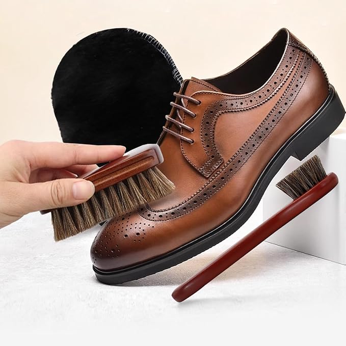 3 Pcs Shoe Brush Kit, Premium Horsehair Shoe Brush with Shoe Polishing Glove for Leather, Professional Boot Brush Shoe Polish Kit for Cleaning (3, Brown)