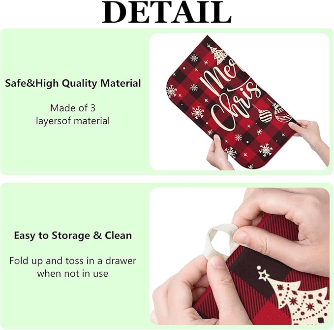 Christmas Kitchen Countertop Dish Drying Mat, Red Christmas Buffalo Plaid Pattern Microfiber Kitchen Drying Mat, Washable Absorbent Countertop Xmas Winter Holiday Dish Mat Drainer,16x18 Inch