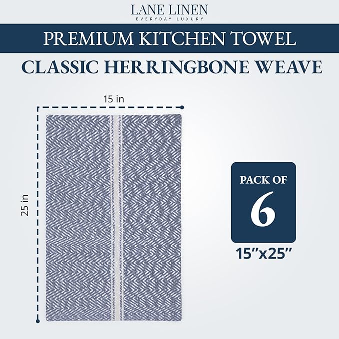 Lane Linen Kitchen Towel Set, 6 Pack 100% Cotton Hand Towels For Kitchen, Dish Towels For Drying Dishes, Lint Free, 14"x25", Good For Cleaning Windows, Ceramic Surface, Glass Stovetops - Blue Chambray
