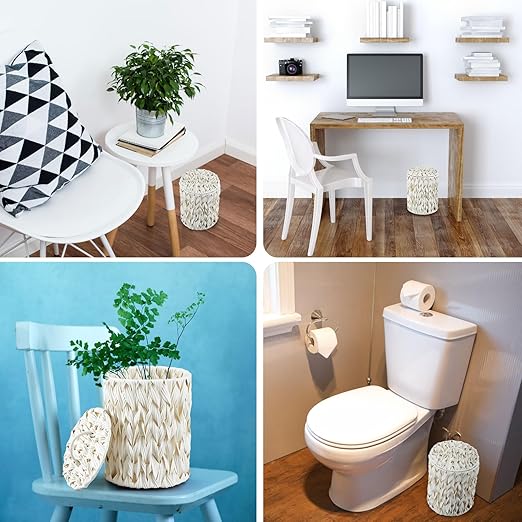 Ctosree 1.3 Gallons Small Trash Can with Lid Handle Boho Woven Braided Bathroom Waste Basket Trash Can with 100 Garbage Bags for Bedroom Office Laundry(Cream White,Braided Polypropylene,Round)